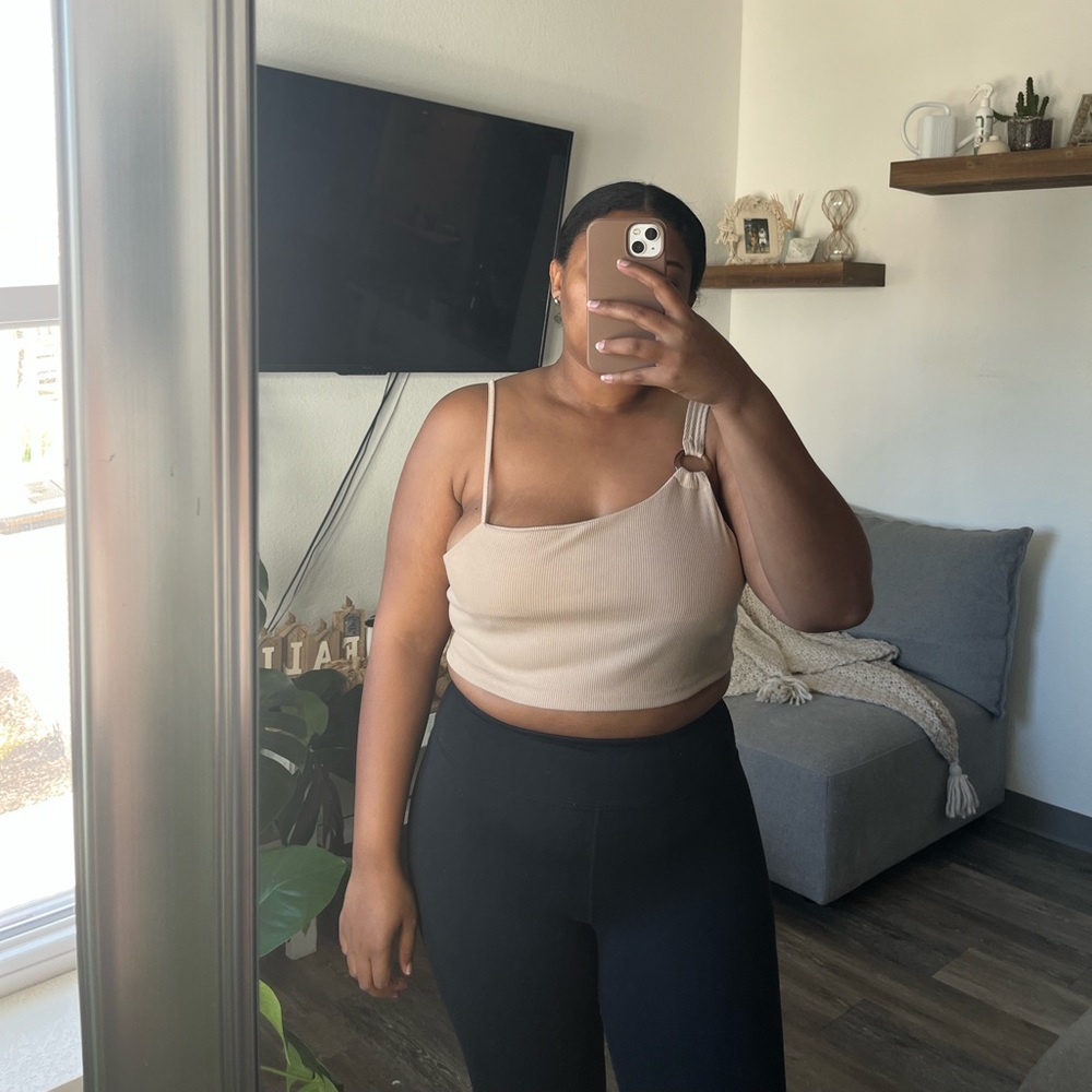 One shoulder tan nude asymmetrical crop top